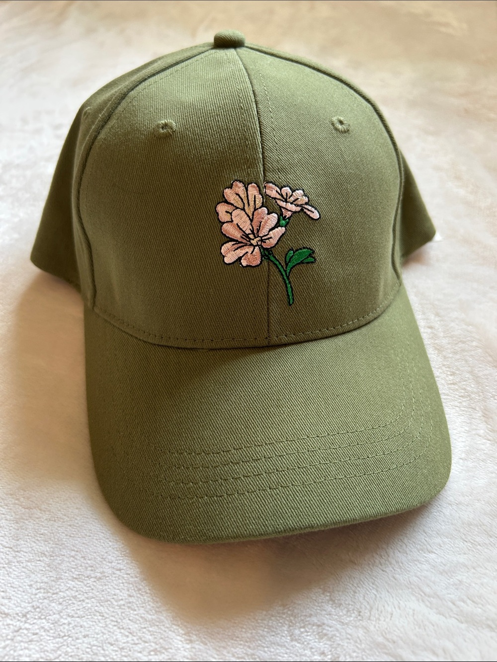 Indigo Olive Green Cap with Pink Floral Embroidery